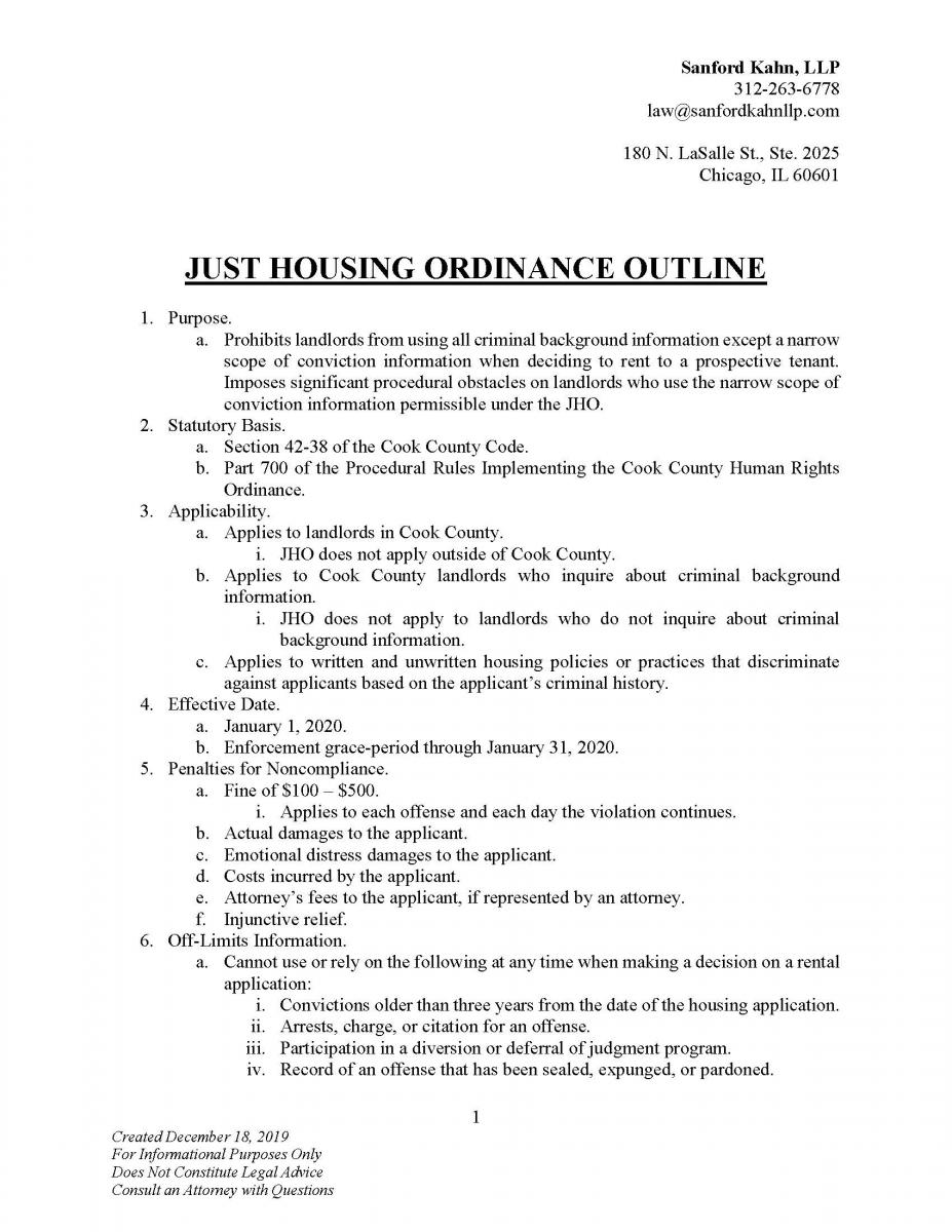 Cook County Just Housing Ordinance Outline – Sanford Kahn, LLP