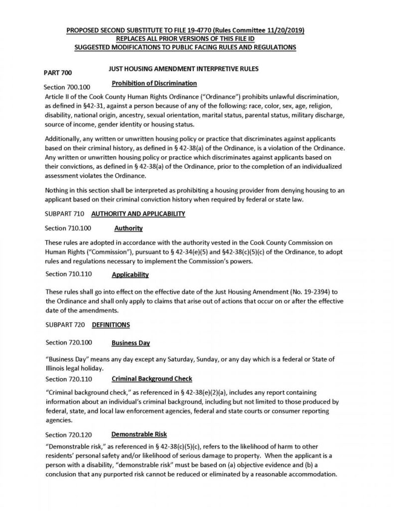 Cook County Commission on Human Rights Finalizes Rules Interpreting the Just Housing Ordinance Page 1